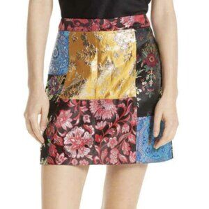 Alice & Olivia Riley Patchwork A-Line Mini Skirt Floral Metallic Jacquard Size 2